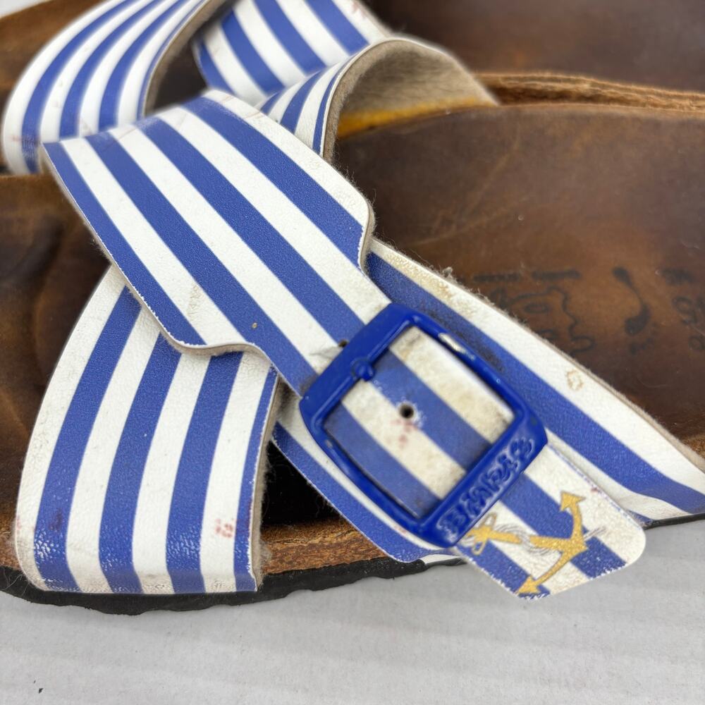 Birkenstock Slide Sandals Womens Size 7 Blue White Nautical Stripe Cross Strap - Picture 5 of 9